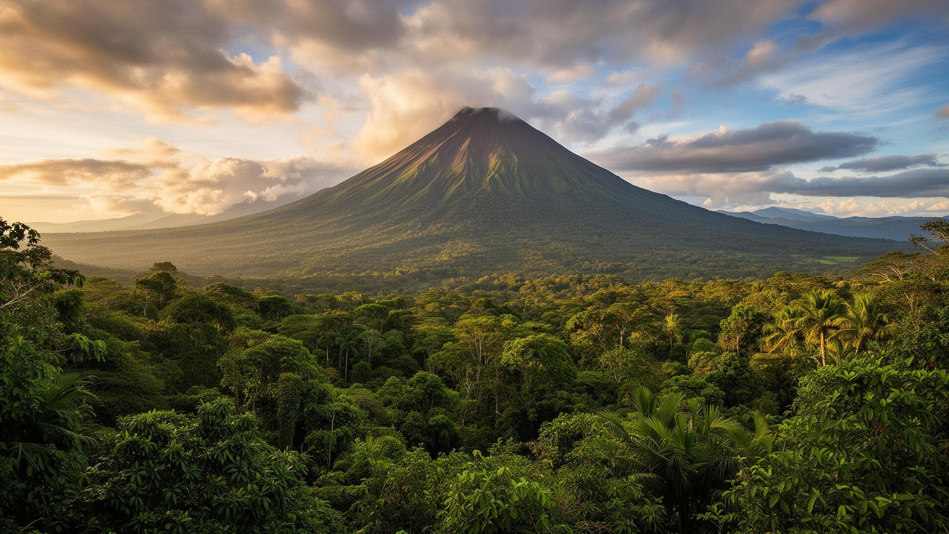 Arenal Volcano rising above the tropical landscape in La Fortuna